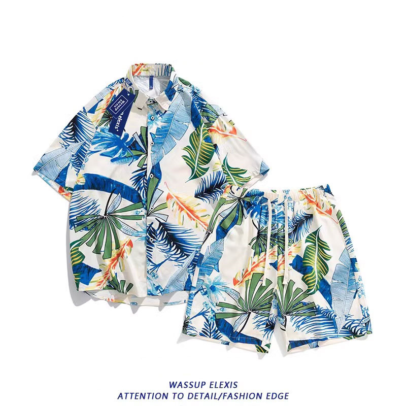 WASSUP Σετ παραλίας: πουκάμισο με κοντό μανίκι και σορτσάκι από πολυεστέρα-ελαστάν, ψηφιακή εκτύπωση, χαλαρή γραμμή, καλοκαίρι 2025