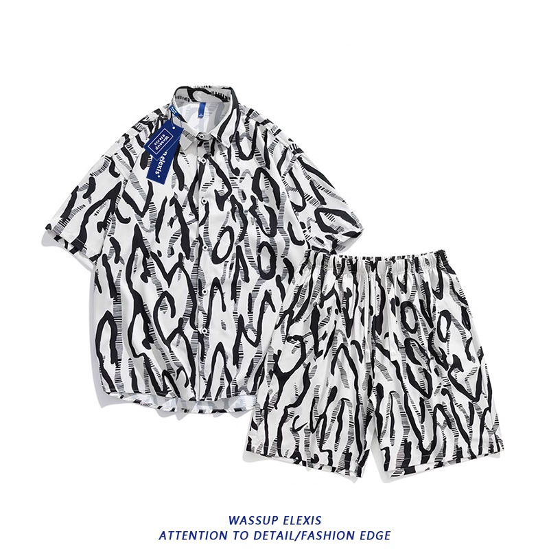 WASSUP Σετ παραλίας: πουκάμισο με κοντό μανίκι και σορτσάκι από πολυεστέρα-ελαστάν, ψηφιακή εκτύπωση, χαλαρή γραμμή, καλοκαίρι 2025