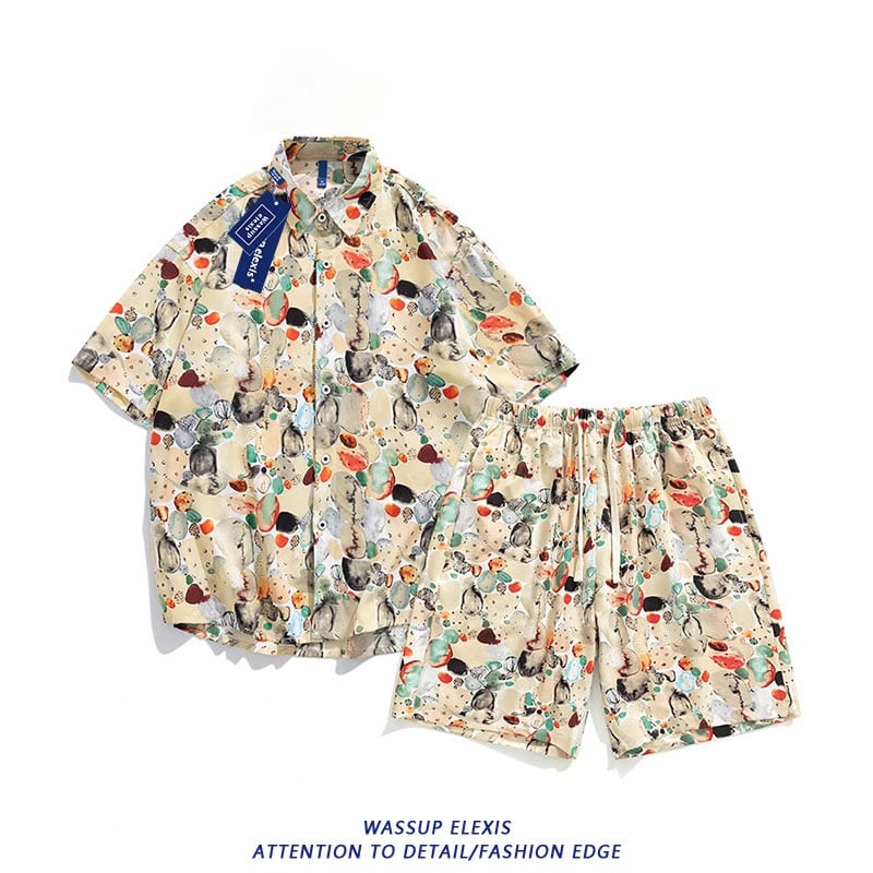 WASSUP Σετ παραλίας: πουκάμισο με κοντό μανίκι και σορτσάκι από πολυεστέρα-ελαστάν, ψηφιακή εκτύπωση, χαλαρή γραμμή, καλοκαίρι 2025
