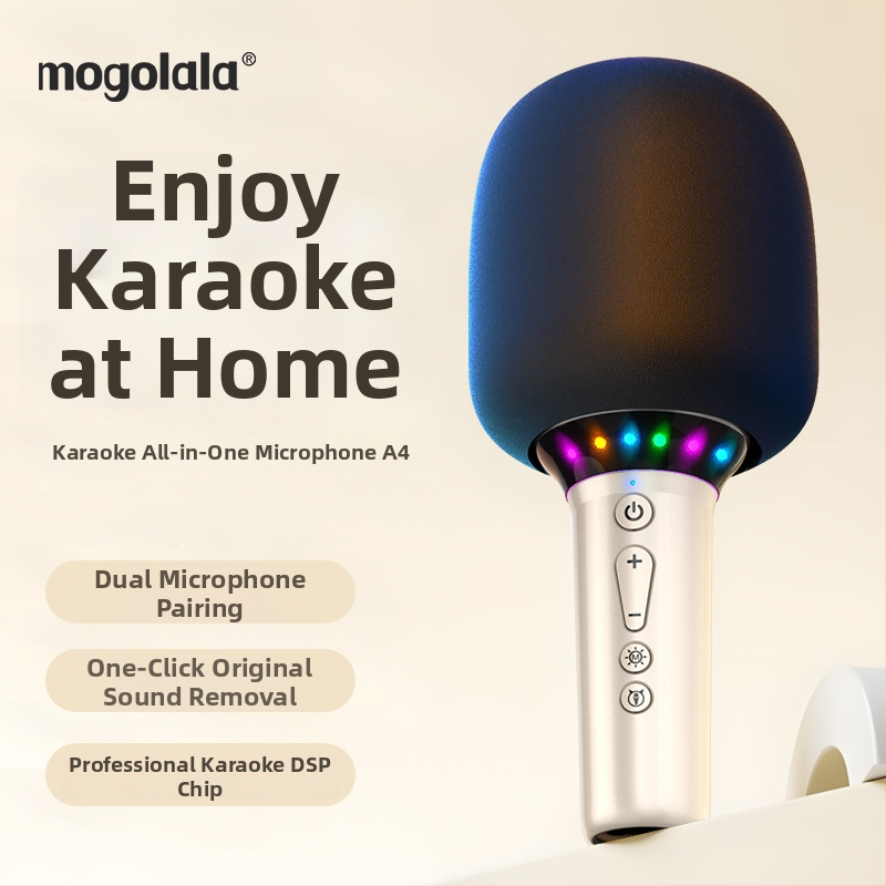 Jinyun A4 Všetko-v-jednom karaoke mikrofón a domáceho použitia — detský dynamický mikrofón, Bluetooth 5.3, zabudovaná batéria 2000–4000 mAh, rozsah frekvencie 100 Hz–20 kHz, výdrž batérie 3–6 hodín