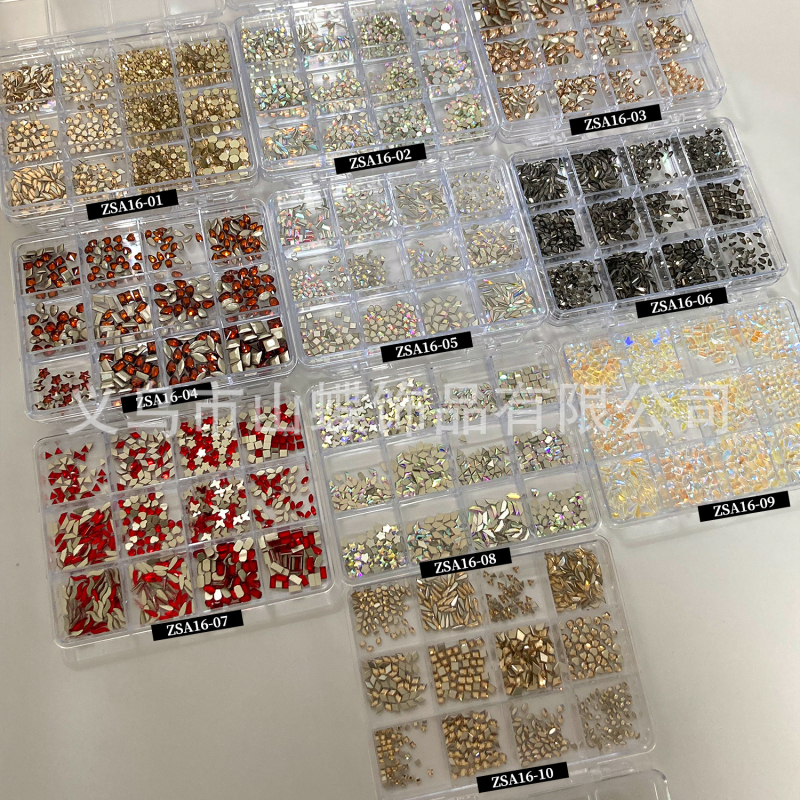 Nakit za nokte sa staklenim kristalima — motivi: mašna, zvjezdano nebo, leptir, zvjezdice; sladak, minimalistički INS stil; kutija s 12 pretinaca