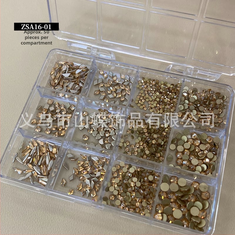 Nakit za nokte sa staklenim kristalima — motivi: mašna, zvjezdano nebo, leptir, zvjezdice; sladak, minimalistički INS stil; kutija s 12 pretinaca