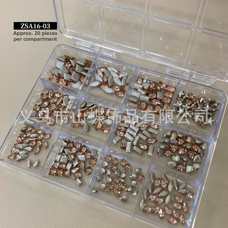 Nakit za nokte sa staklenim kristalima — motivi: mašna, zvjezdano nebo, leptir, zvjezdice; sladak, minimalistički INS stil; kutija s 12 pretinaca