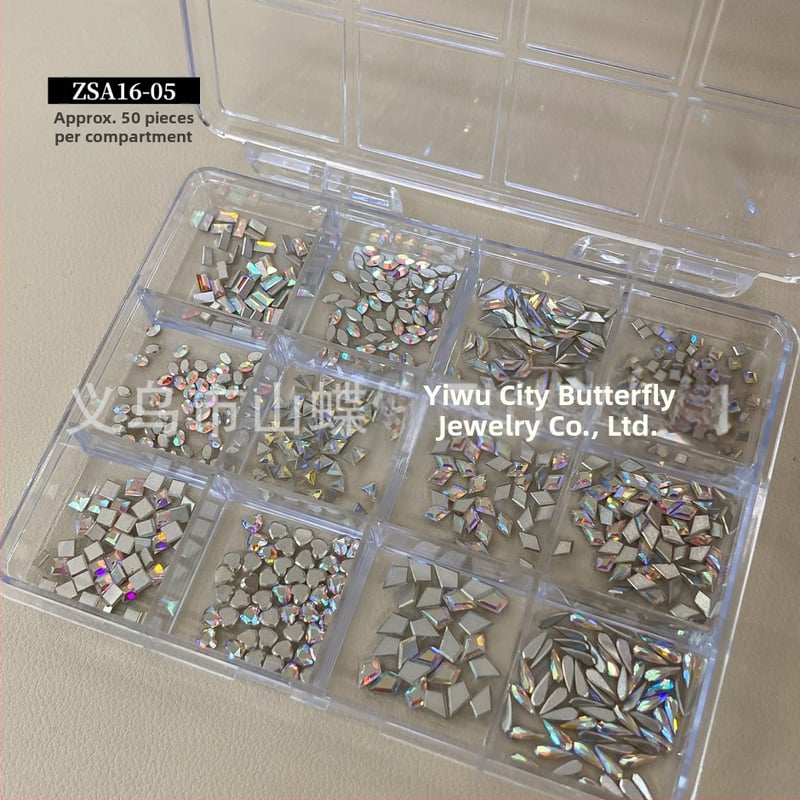 Nakit za nokte sa staklenim kristalima — motivi: mašna, zvjezdano nebo, leptir, zvjezdice; sladak, minimalistički INS stil; kutija s 12 pretinaca