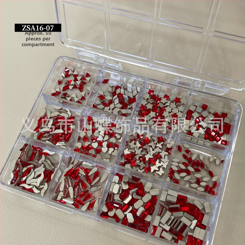 Nakit za nokte sa staklenim kristalima — motivi: mašna, zvjezdano nebo, leptir, zvjezdice; sladak, minimalistički INS stil; kutija s 12 pretinaca