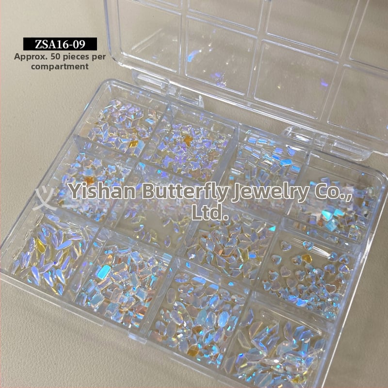 Nakit za nokte sa staklenim kristalima — motivi: mašna, zvjezdano nebo, leptir, zvjezdice; sladak, minimalistički INS stil; kutija s 12 pretinaca