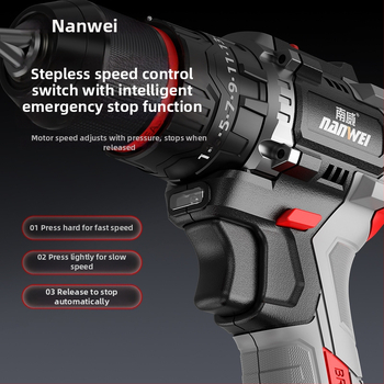 Nanwei Brushless akkumulátoros fúró/csavarozó, pisztoly markolat, háromfogú tok, változó sebesség, Li-ion akkumulátor