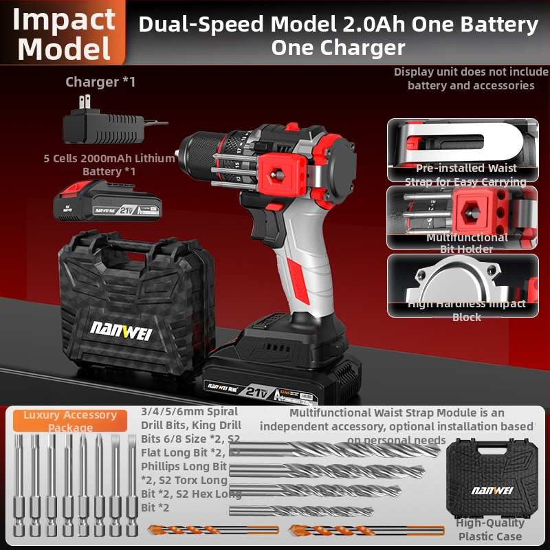Nanwei Brushless akkumulátoros fúró/csavarozó, pisztoly markolat, háromfogú tok, változó sebesség, Li-ion akkumulátor