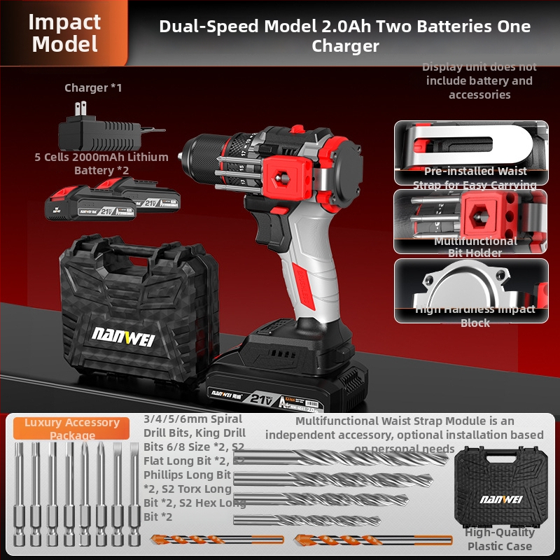 Nanwei Brushless akkumulátoros fúró/csavarozó, pisztoly markolat, háromfogú tok, változó sebesség, Li-ion akkumulátor