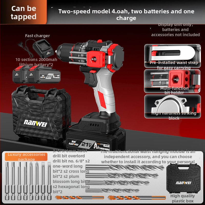 Nanwei Brushless akkumulátoros fúró/csavarozó, pisztoly markolat, háromfogú tok, változó sebesség, Li-ion akkumulátor