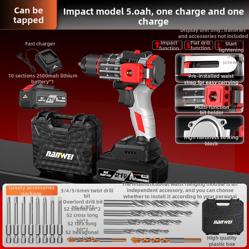Nanwei Brushless akkumulátoros fúró/csavarozó, pisztoly markolat, háromfogú tok, változó sebesség, Li-ion akkumulátor