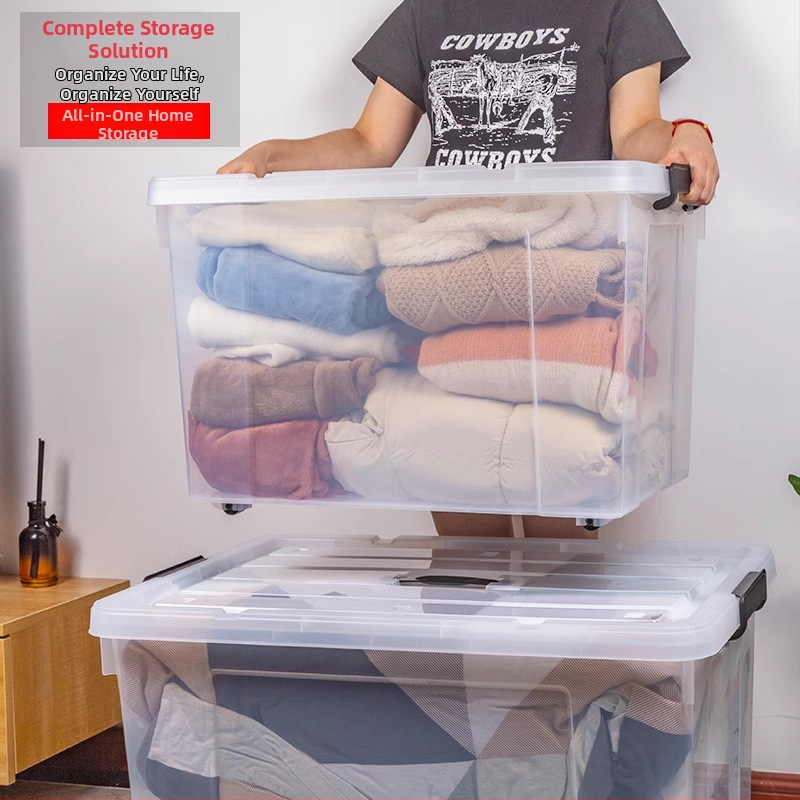 Διάφανη κούτα αποθήκευσης με ρόδες και καπάκι, παχύμενη πλαστική κατασκευή PP για σαλόνι, πολυχρηστική και φορητή