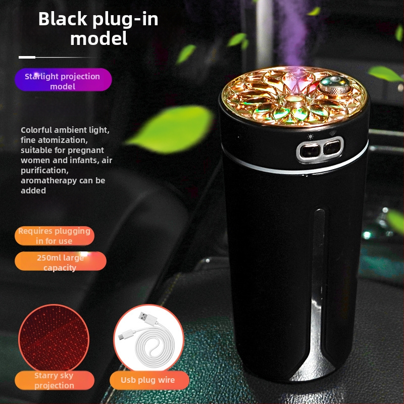 Automobilový zvlhčovač a rozprašovač vône, ABS materiál, napájanie 5V, výkon 2W, univerzálna kompatibilita, pokrytie až 10 m²