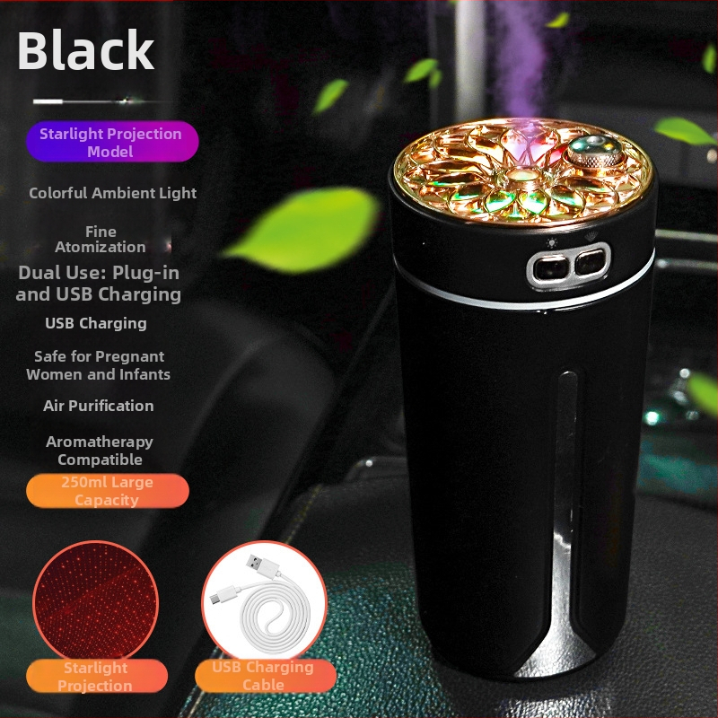 Automobilový zvlhčovač a rozprašovač vône, ABS materiál, napájanie 5V, výkon 2W, univerzálna kompatibilita, pokrytie až 10 m²