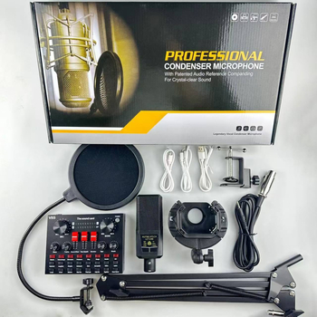 Microfon pătrat cu diafragmă mare, model 240, set cu card de sunet pentru karaoke; răspuns în frecvență 30 Hz–15 kHz, SNR ≥85 dB