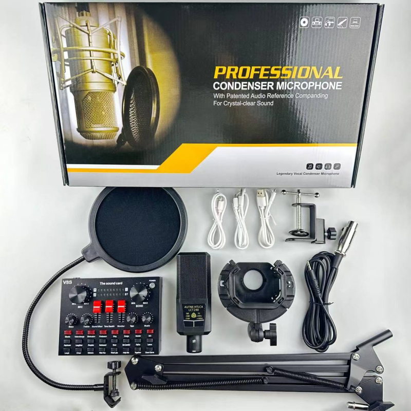 Microfon pătrat cu diafragmă mare, model 240, set cu card de sunet pentru karaoke; răspuns în frecvență 30 Hz–15 kHz, SNR ≥85 dB