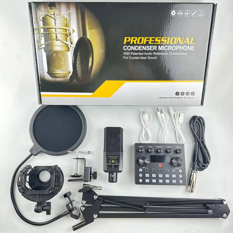 Microfon pătrat cu diafragmă mare, model 240, set cu card de sunet pentru karaoke; răspuns în frecvență 30 Hz–15 kHz, SNR ≥85 dB
