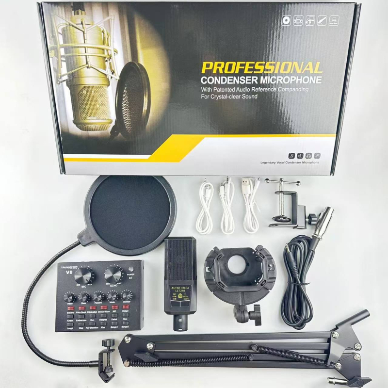 Microfon pătrat cu diafragmă mare, model 240, set cu card de sunet pentru karaoke; răspuns în frecvență 30 Hz–15 kHz, SNR ≥85 dB