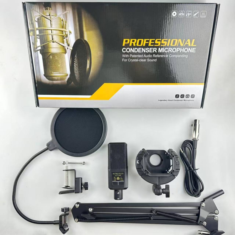 Microfon pătrat cu diafragmă mare, model 240, set cu card de sunet pentru karaoke; răspuns în frecvență 30 Hz–15 kHz, SNR ≥85 dB