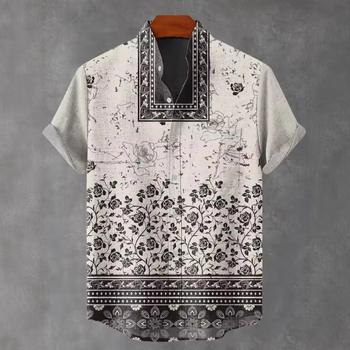 Ανδρικό πουκάμισο με ρετρό εθνο-φυλετικό μοτίβο, κοντό μανίκι, γιακά τύπου πέτο, χαλαρή γραμμή, πολυεστέρας, ψηφιακή εκτύπωση