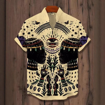 Ανδρικό πουκάμισο με ρετρό εθνο-φυλετικό μοτίβο, κοντό μανίκι, γιακά τύπου πέτο, χαλαρή γραμμή, πολυεστέρας, ψηφιακή εκτύπωση