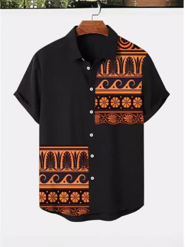 Ανδρικό πουκάμισο με ρετρό εθνο-φυλετικό μοτίβο, κοντό μανίκι, γιακά τύπου πέτο, χαλαρή γραμμή, πολυεστέρας, ψηφιακή εκτύπωση