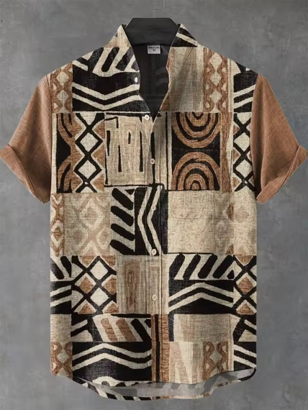 Ανδρικό πουκάμισο με ρετρό εθνο-φυλετικό μοτίβο, κοντό μανίκι, γιακά τύπου πέτο, χαλαρή γραμμή, πολυεστέρας, ψηφιακή εκτύπωση