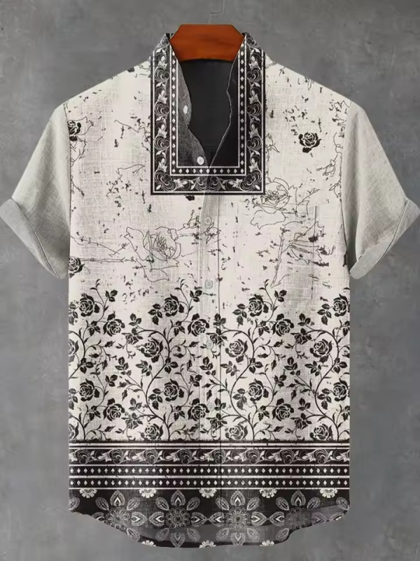 Ανδρικό πουκάμισο με ρετρό εθνο-φυλετικό μοτίβο, κοντό μανίκι, γιακά τύπου πέτο, χαλαρή γραμμή, πολυεστέρας, ψηφιακή εκτύπωση