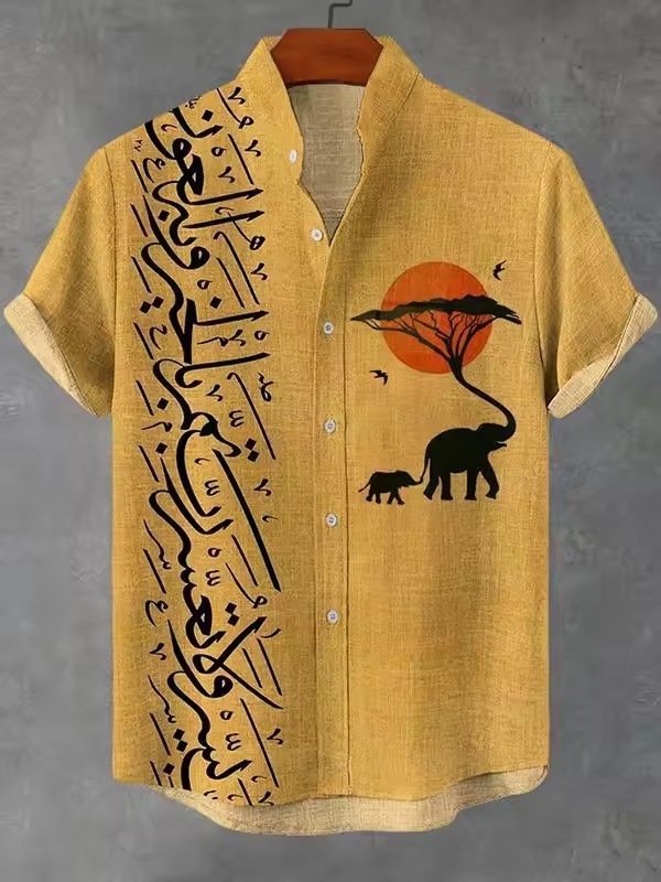 Ανδρικό πουκάμισο με ρετρό εθνο-φυλετικό μοτίβο, κοντό μανίκι, γιακά τύπου πέτο, χαλαρή γραμμή, πολυεστέρας, ψηφιακή εκτύπωση