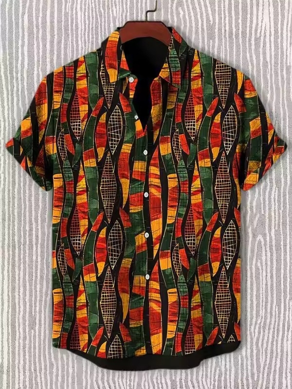 Ανδρικό πουκάμισο με ρετρό εθνο-φυλετικό μοτίβο, κοντό μανίκι, γιακά τύπου πέτο, χαλαρή γραμμή, πολυεστέρας, ψηφιακή εκτύπωση