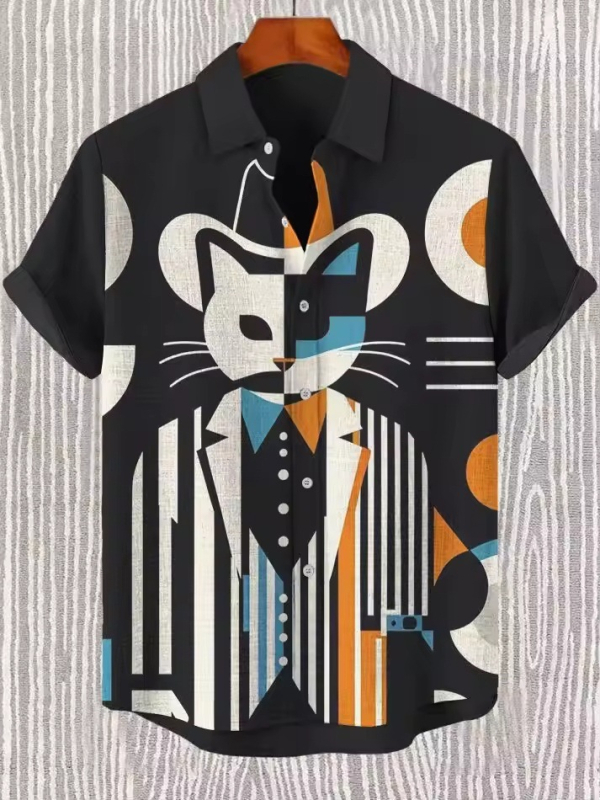 Ανδρικό πουκάμισο με ρετρό εθνο-φυλετικό μοτίβο, κοντό μανίκι, γιακά τύπου πέτο, χαλαρή γραμμή, πολυεστέρας, ψηφιακή εκτύπωση