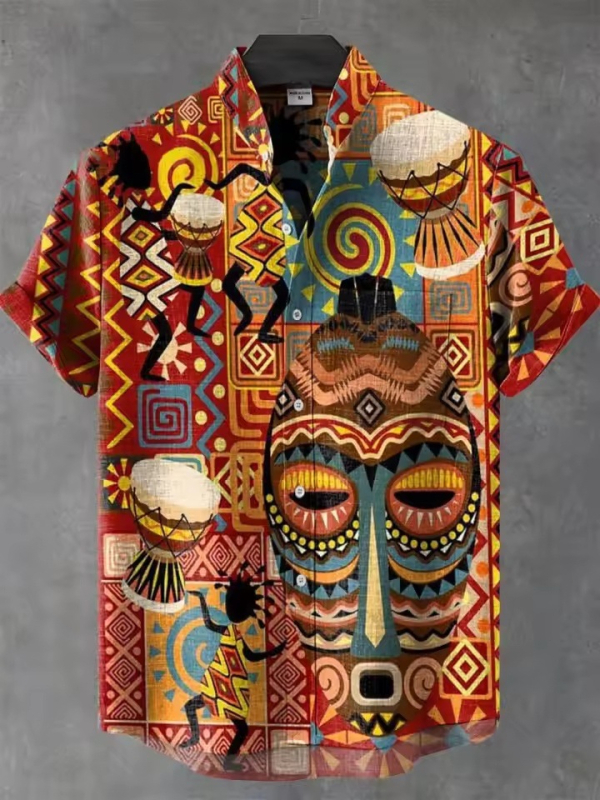 Ανδρικό πουκάμισο με ρετρό εθνο-φυλετικό μοτίβο, κοντό μανίκι, γιακά τύπου πέτο, χαλαρή γραμμή, πολυεστέρας, ψηφιακή εκτύπωση