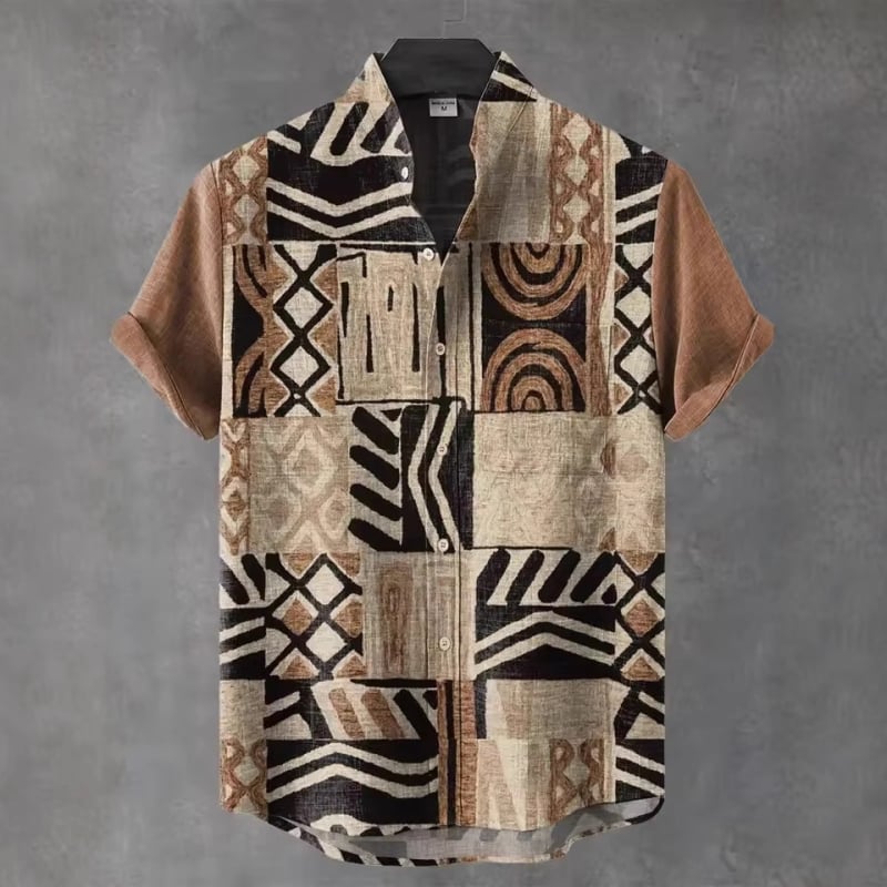 Ανδρικό πουκάμισο με ρετρό εθνο-φυλετικό μοτίβο, κοντό μανίκι, γιακά τύπου πέτο, χαλαρή γραμμή, πολυεστέρας, ψηφιακή εκτύπωση