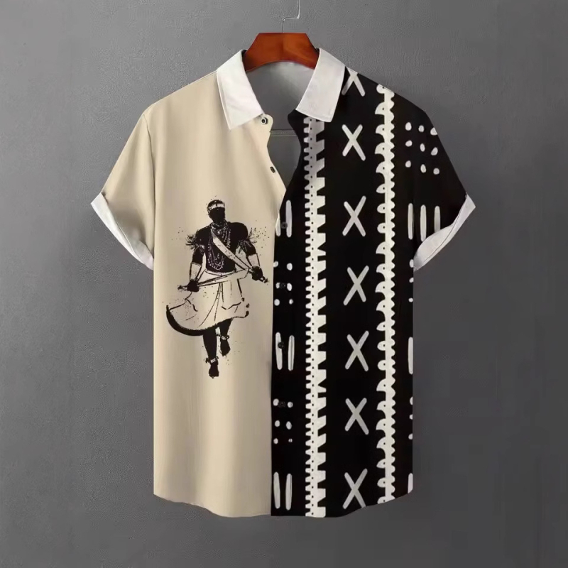 Ανδρικό πουκάμισο με ρετρό εθνο-φυλετικό μοτίβο, κοντό μανίκι, γιακά τύπου πέτο, χαλαρή γραμμή, πολυεστέρας, ψηφιακή εκτύπωση
