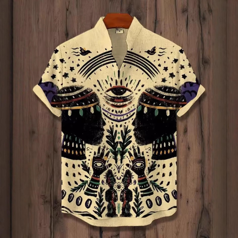 Ανδρικό πουκάμισο με ρετρό εθνο-φυλετικό μοτίβο, κοντό μανίκι, γιακά τύπου πέτο, χαλαρή γραμμή, πολυεστέρας, ψηφιακή εκτύπωση