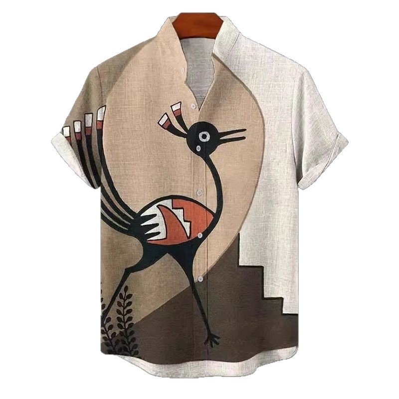 Ανδρικό πουκάμισο με ρετρό εθνο-φυλετικό μοτίβο, κοντό μανίκι, γιακά τύπου πέτο, χαλαρή γραμμή, πολυεστέρας, ψηφιακή εκτύπωση