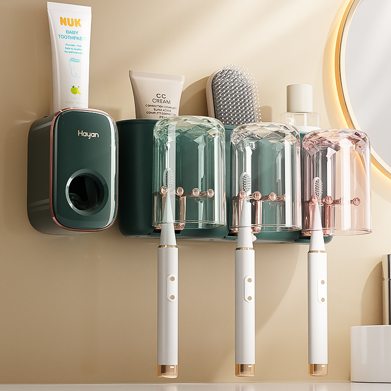 Стенен автоматичен изстисквач за паста за зъби и държач за четки за зъби