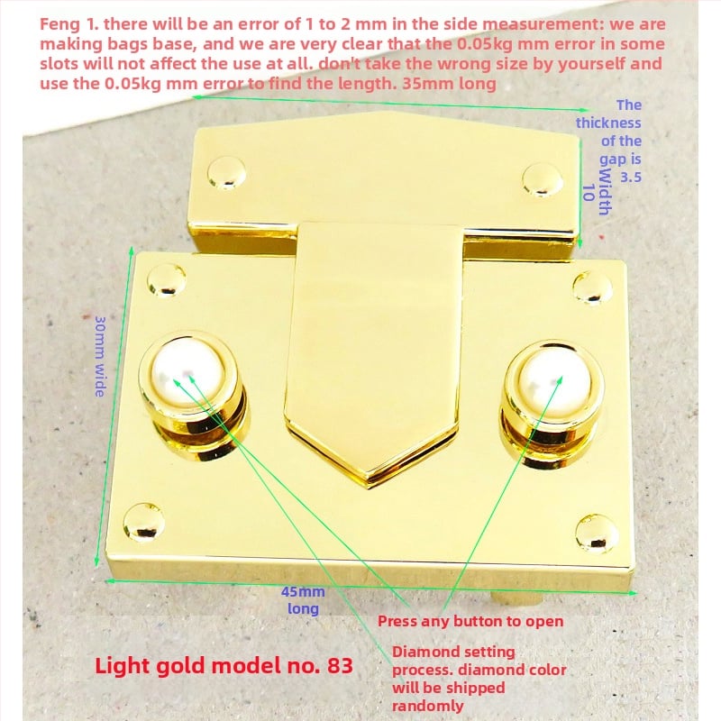 Μεταλλικό κλείσιμο τύπου κουτί για τσάντες – ορθογώνιο σώμα, μοτίβο ημι-κύκλου, κλείσιμο με ένα και δύο κουμπιά και κρυστάλλινες διακοσμήσεις; αξεσουάρ αποσκευών ανθεκτικό στη φθορά, άνοιξη 2024.