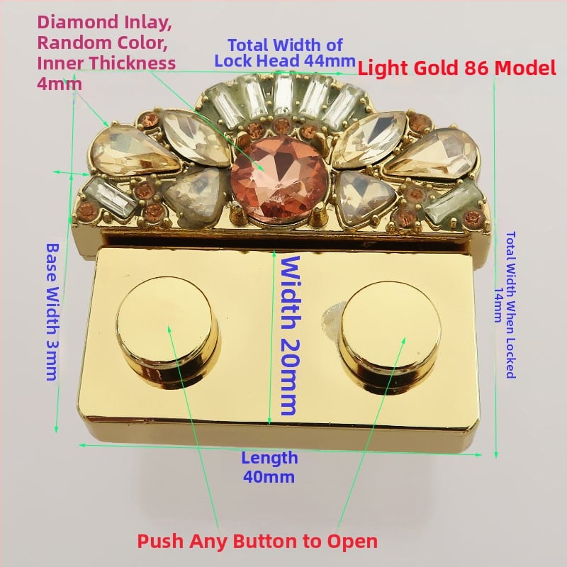 Μεταλλικό κλείσιμο τύπου κουτί για τσάντες – ορθογώνιο σώμα, μοτίβο ημι-κύκλου, κλείσιμο με ένα και δύο κουμπιά και κρυστάλλινες διακοσμήσεις; αξεσουάρ αποσκευών ανθεκτικό στη φθορά, άνοιξη 2024.