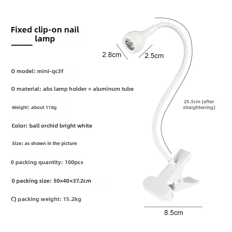 Stolná lampa na manikúru s nastaviteľným uhlom, 3W vysokovýkonná UV lampa na sušenie gélu na nechty, s klipom