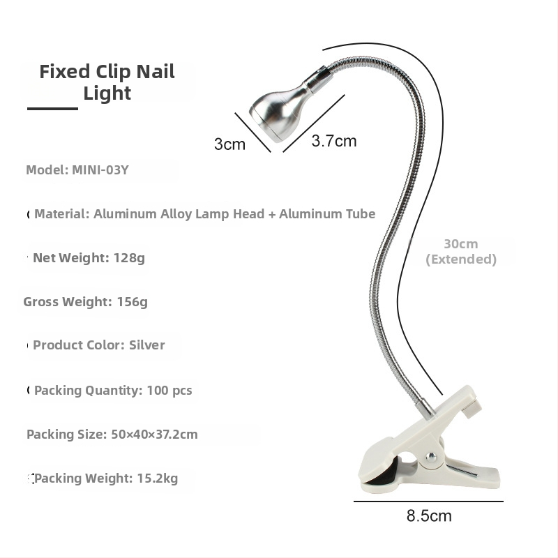 Stolná lampa na manikúru s nastaviteľným uhlom, 3W vysokovýkonná UV lampa na sušenie gélu na nechty, s klipom