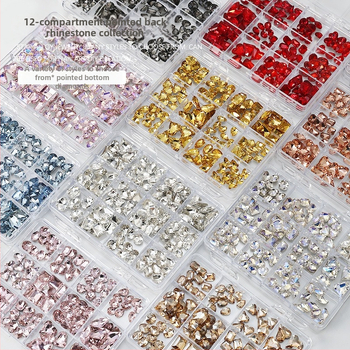 Set rhinestona za nokte – paket sa 12 odjeljaka, oblici: srce, leptir, kvadrat i osmerokut; minimalistički stil; materijal: rhinestones