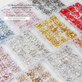 Set rhinestona za nokte – paket sa 12 odjeljaka, oblici: srce, leptir, kvadrat i osmerokut; minimalistički stil; materijal: rhinestones