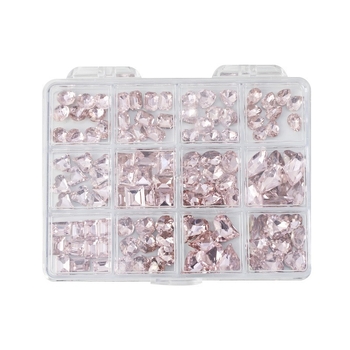 Set rhinestona za nokte – paket sa 12 odjeljaka, oblici: srce, leptir, kvadrat i osmerokut; minimalistički stil; materijal: rhinestones