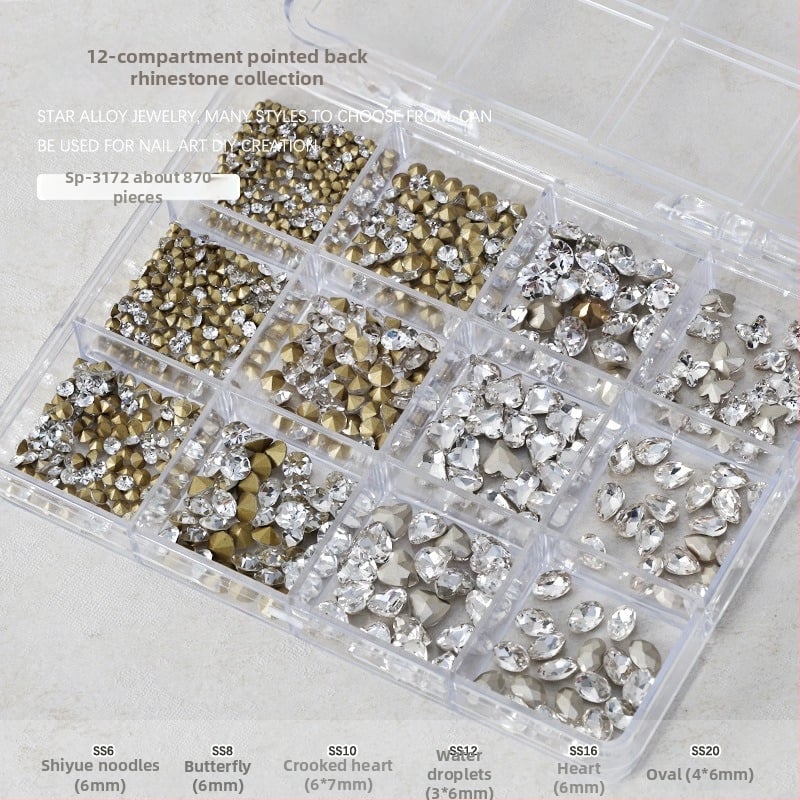 Set rhinestona za nokte – paket sa 12 odjeljaka, oblici: srce, leptir, kvadrat i osmerokut; minimalistički stil; materijal: rhinestones