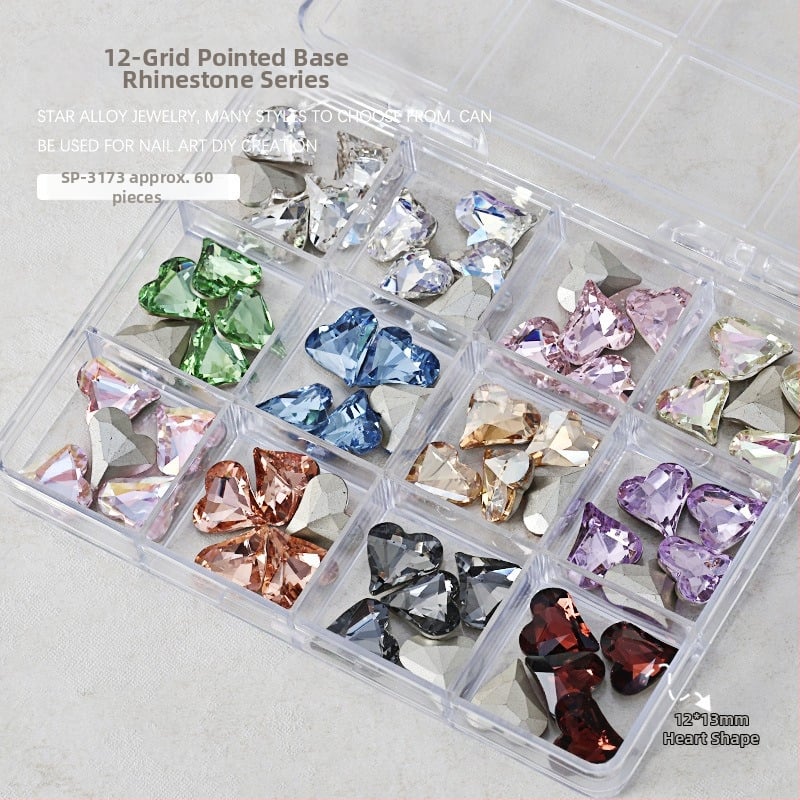Set rhinestona za nokte – paket sa 12 odjeljaka, oblici: srce, leptir, kvadrat i osmerokut; minimalistički stil; materijal: rhinestones