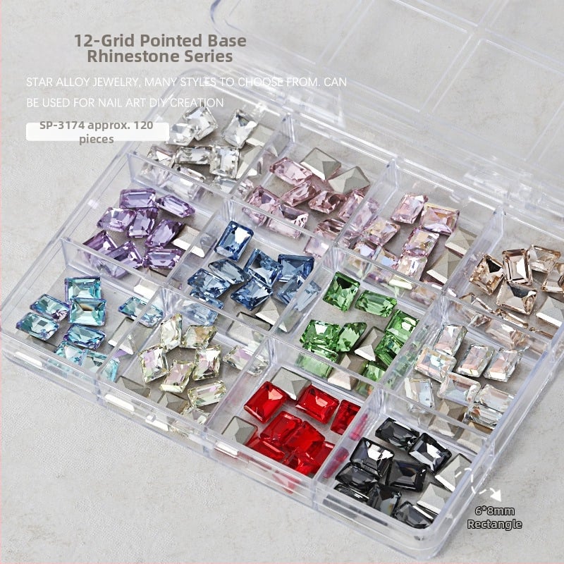 Set rhinestona za nokte – paket sa 12 odjeljaka, oblici: srce, leptir, kvadrat i osmerokut; minimalistički stil; materijal: rhinestones