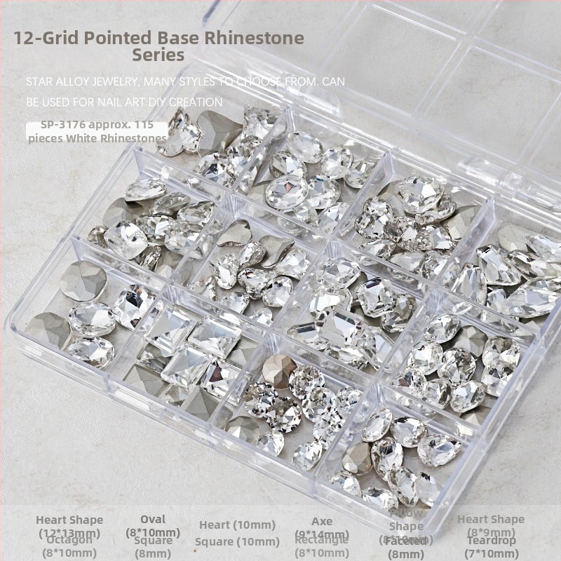 Set rhinestona za nokte – paket sa 12 odjeljaka, oblici: srce, leptir, kvadrat i osmerokut; minimalistički stil; materijal: rhinestones