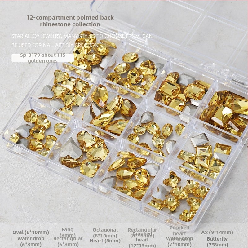 Set rhinestona za nokte – paket sa 12 odjeljaka, oblici: srce, leptir, kvadrat i osmerokut; minimalistički stil; materijal: rhinestones