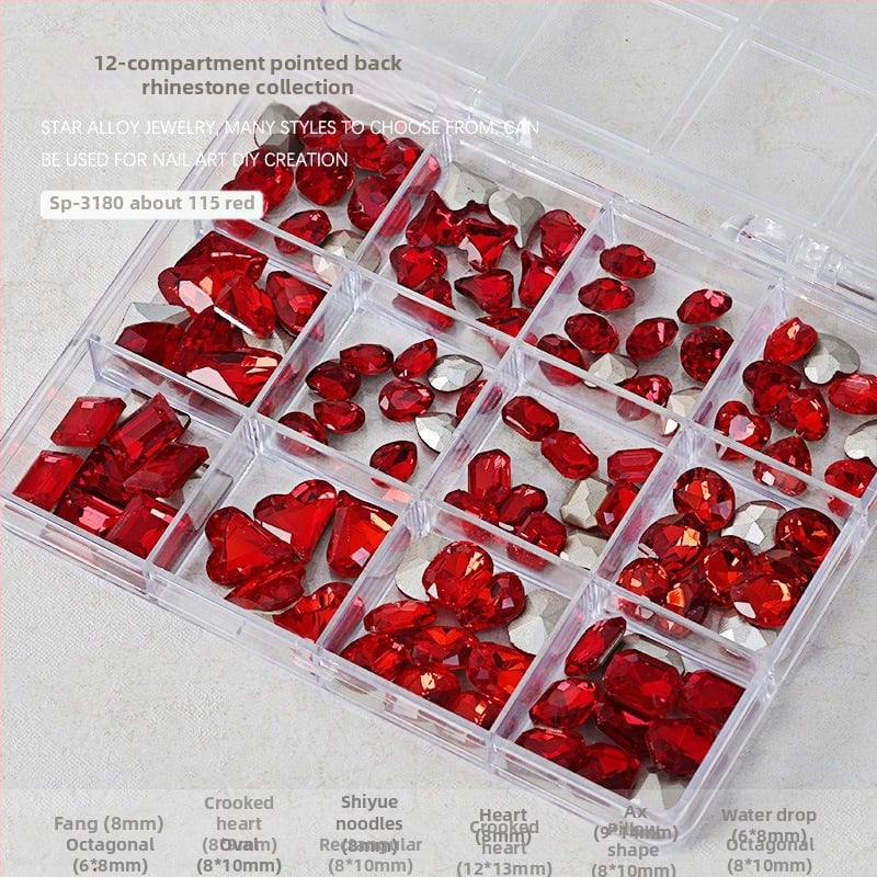 Set rhinestona za nokte – paket sa 12 odjeljaka, oblici: srce, leptir, kvadrat i osmerokut; minimalistički stil; materijal: rhinestones